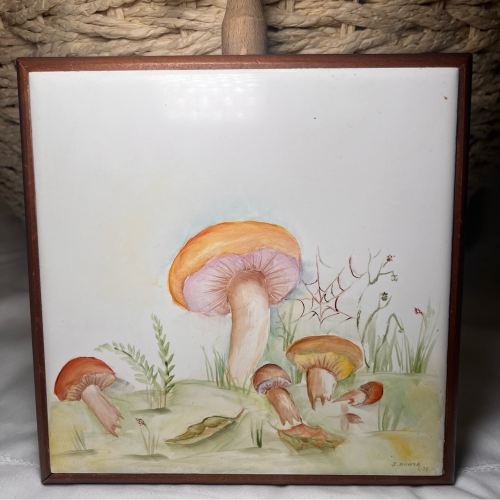 Vintage Japan Mushroom Tile Trivet Hand Painted Wood‎ Frame Cottagecore Kitchen